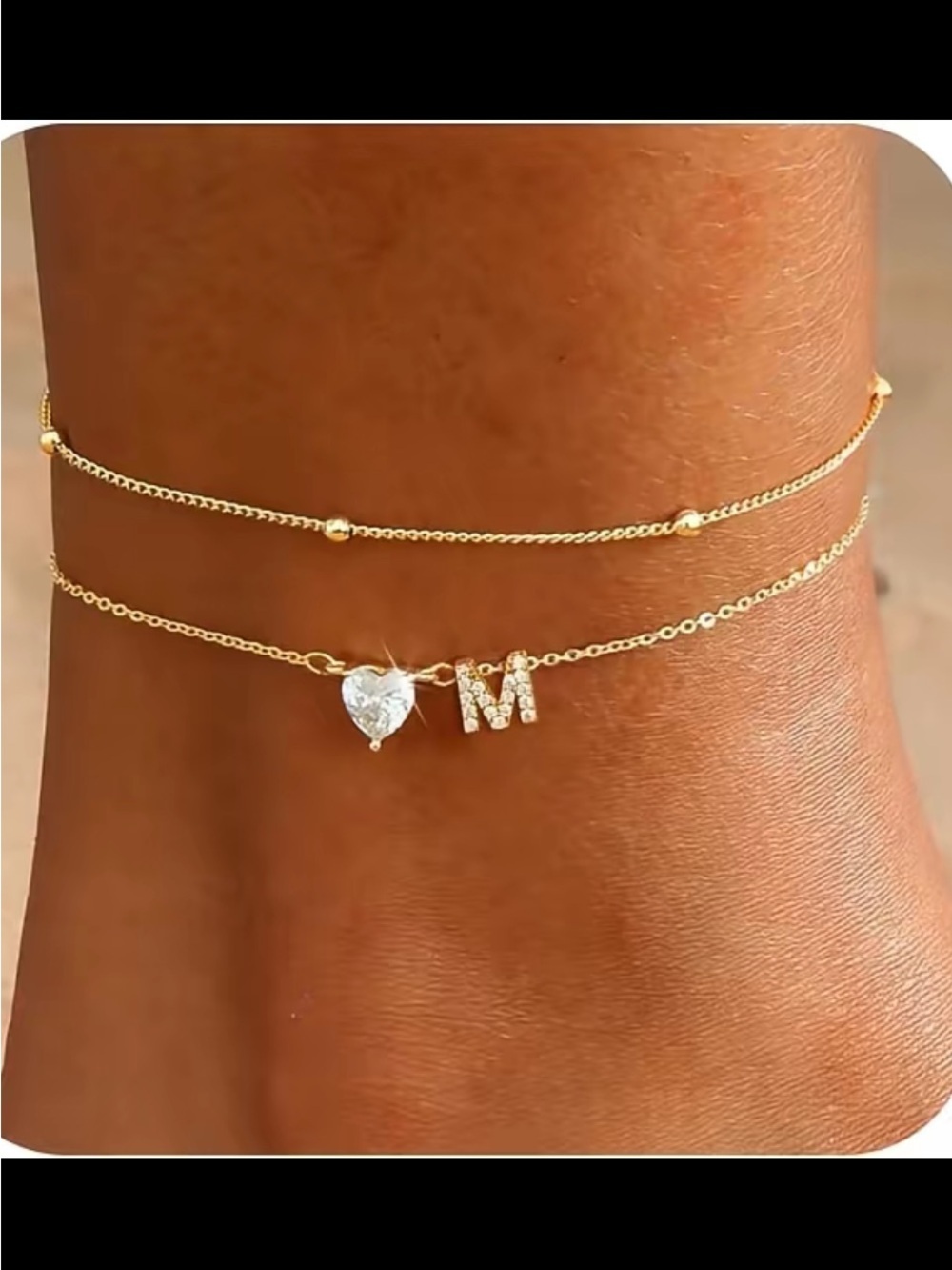 14k Gold Tone Anklet Set with Heart and Pavé 'M' Initial Charm - Gold​